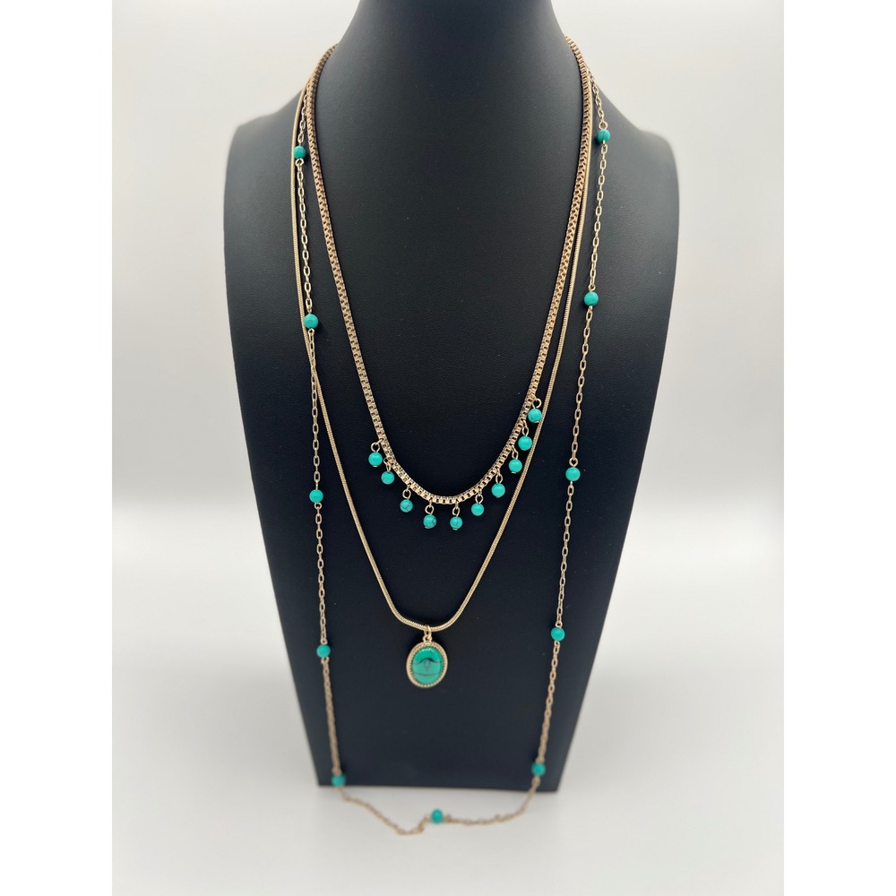 Bijoux Stella Gold Turquoise Layered Necklace and Stud Earring Set NS3563WGPTQ